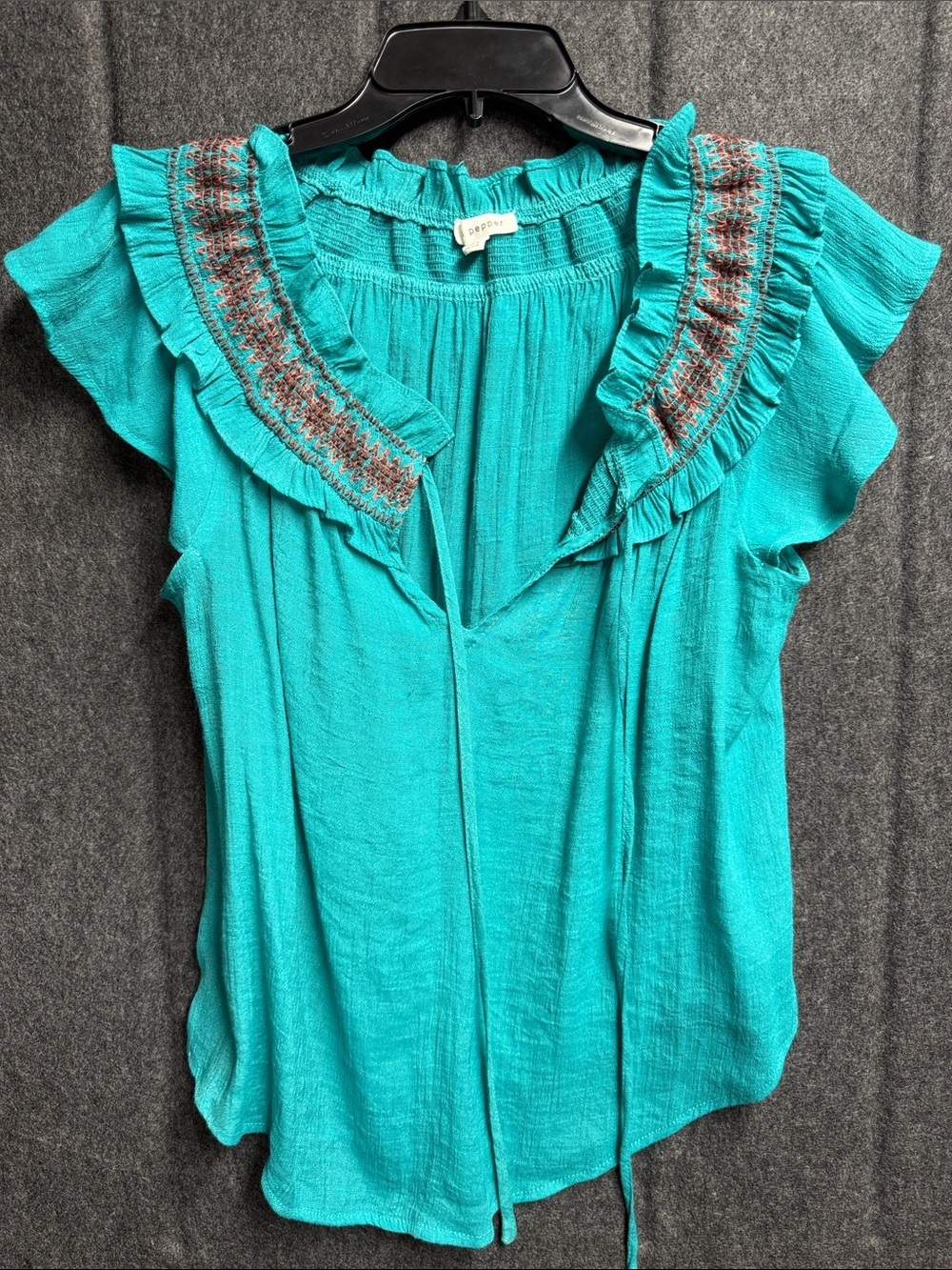 Blue Pepper Teal Ruffle-Trim Embroidered Yoke Camisole